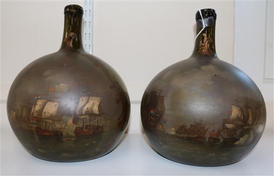 Naval Interest: A large pair of Dutch oil painted glass bottles, 30.5cm